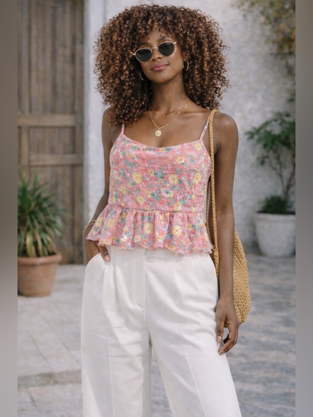 CIEBON Sequin Floral Fruit Print Bubble Hem Camisole Top Small Pink Romantic